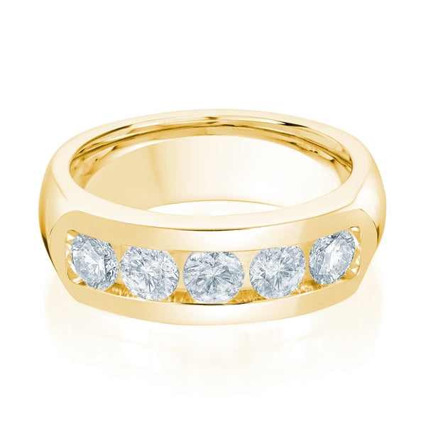 Yellow gold wedding band with diamond accents on a white background.