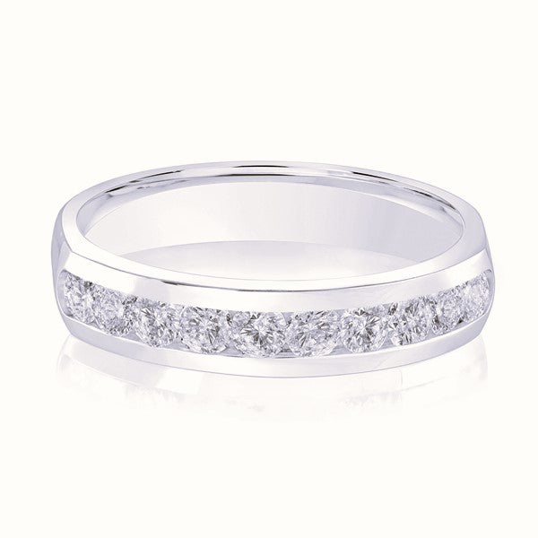 White gold wedding band with diamond accents on a white background.