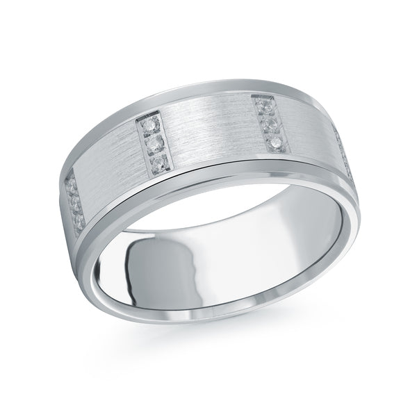 Silver wedding band with diamonds on a white background