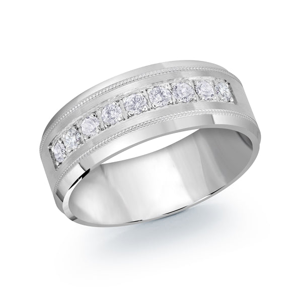 White Gold and Silver men's wedding band with diamond accents on a white background.