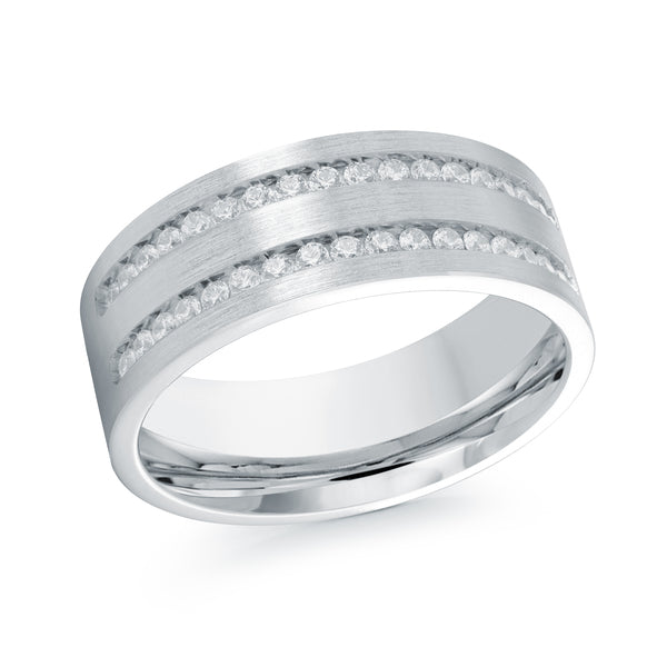 Silver wedding band with diamonds on a white background