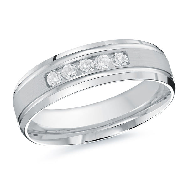 Silver wedding band with diamonds on a white background