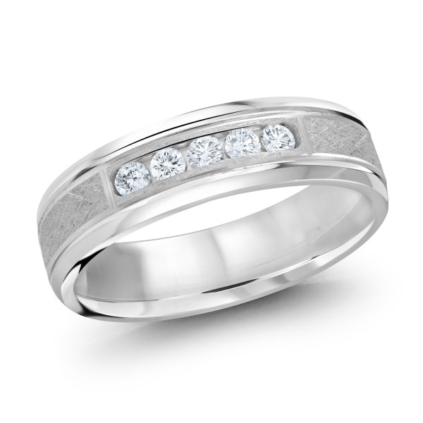 Silver wedding band with diamonds on a white background