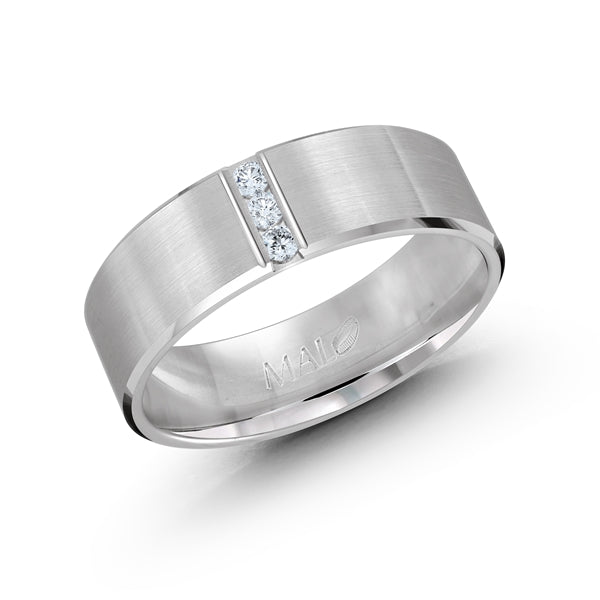 Silver wedding band with diamonds on a white background