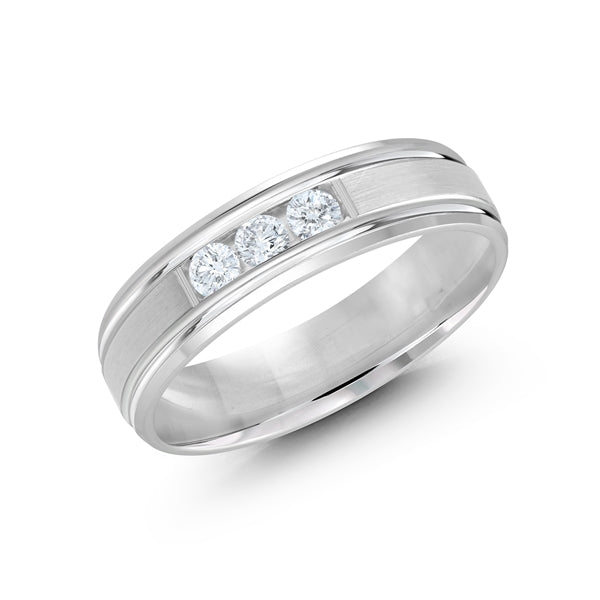 White Gold and Silver men's wedding band with diamond accents on a white background.