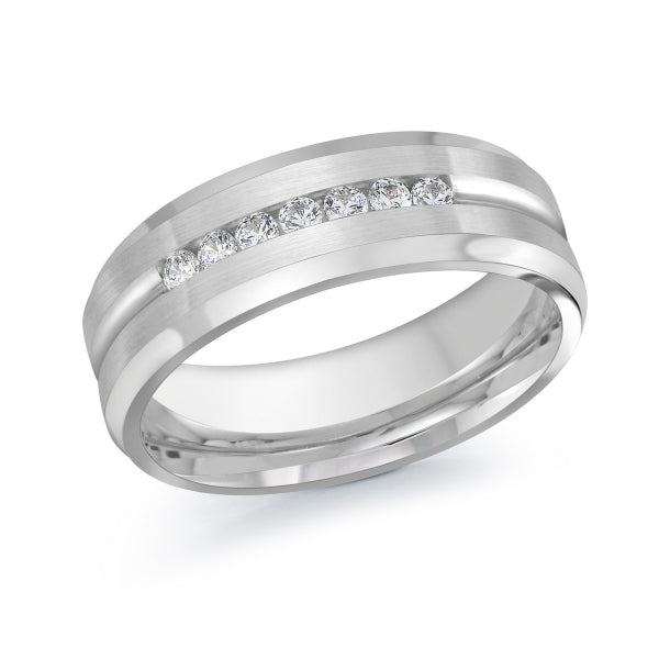 White Gold and Silver men's wedding band with diamond accents on a white background.