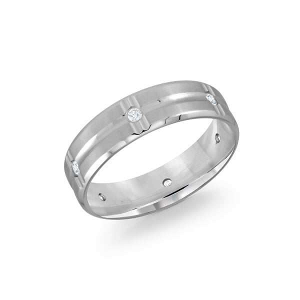 White Gold and Silver men's wedding band with diamond accents on a white background.