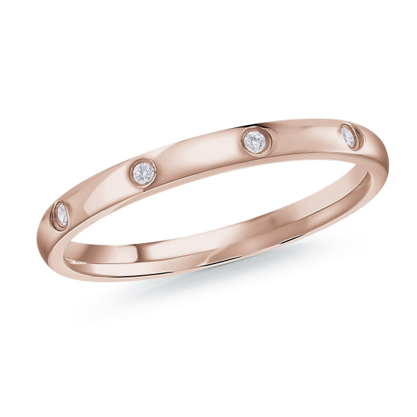 Rose gold wedding band with diamond accent on a white background.