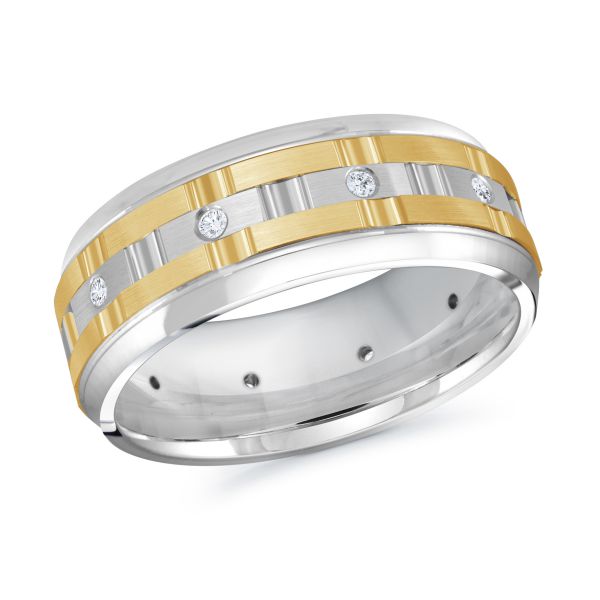 Two tone Gold and Silver men's wedding band with diamond accents on a white background.