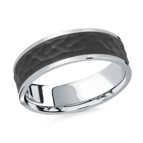 Black ceramic wedding band with a hammered finish and a polished white gold edge, on a white background.