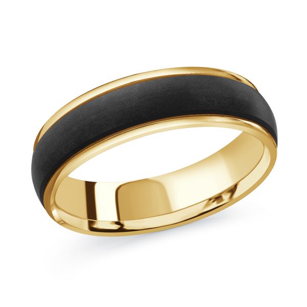 Yellow gold black ceramic wedding band, on a white background.