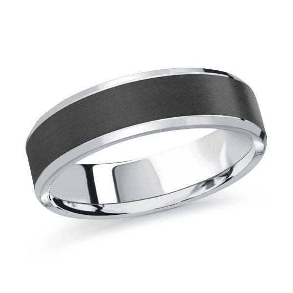 White gold black ceramic wedding band ring on a white background.