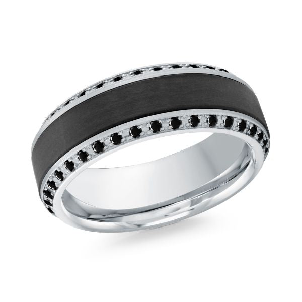 Black ceramic wedding band with a silver inlay and black diamonds on a white background.