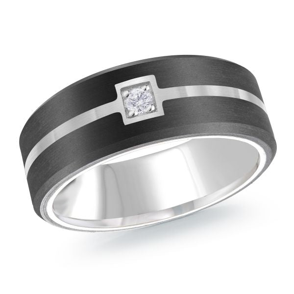 Black ceramic wedding band with a silver inlay and a single diamond on a white background