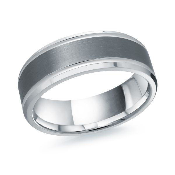 Tungsten wedding bands with a white gold inlay on a white background.