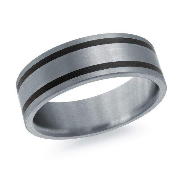 Grey metal wedding band with black stripes on a white background