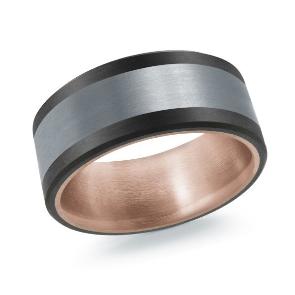 Black ceramic wedding band with a rose gold interior and a brushed silver inlay on a white background