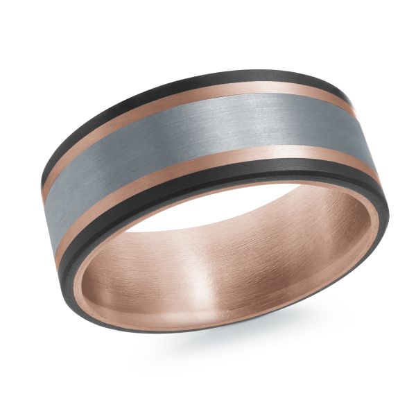 Black ceramic wedding band with a rose gold interior and a brushed silver inlay on a white background