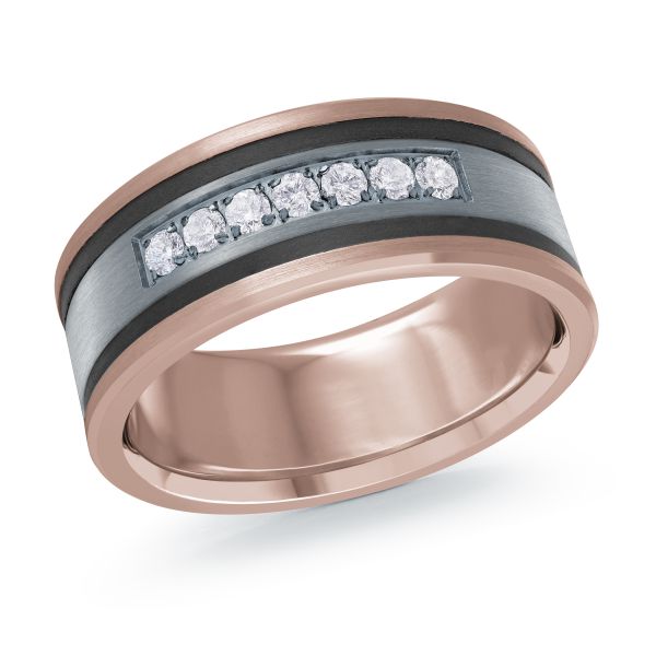 Black ceramic wedding band with a rose gold interior, diamond accents, and a brushed silver inlay on a white background.