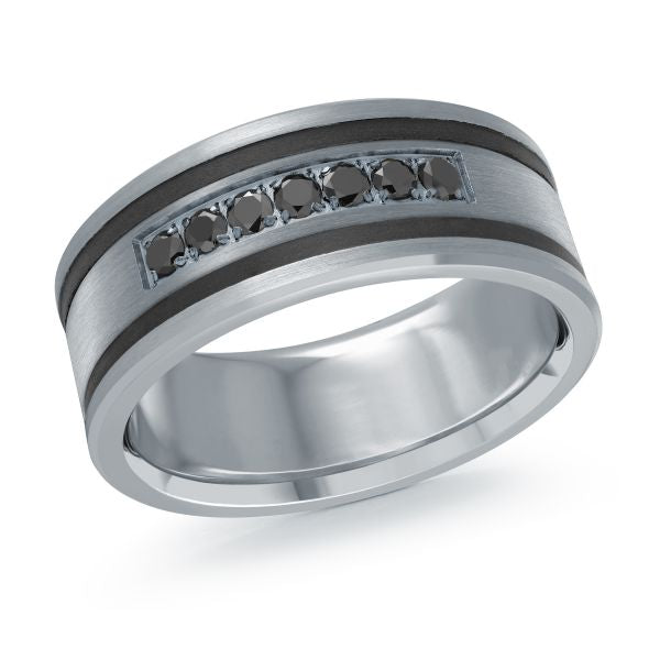  Two black ceramic wedding bands with brushed silver inlays and black diamonds, on a white background.