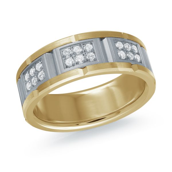 Two-tone wedding band with black ceramic inlay and diamond accents on a white background