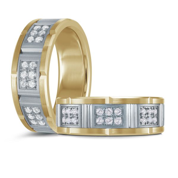 Two-tone wedding band with black ceramic inlay and diamond accents on a white background