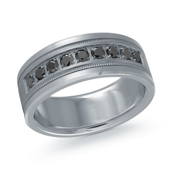 Wedding band with brushed silver finish, black diamonds, and grooved details on a white background.