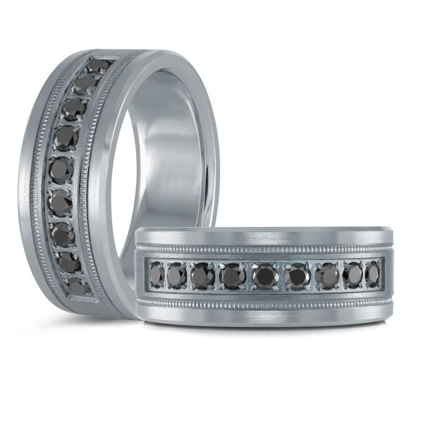 Two wedding bands with brushed silver finish, black diamonds, and grooved details on a white background.