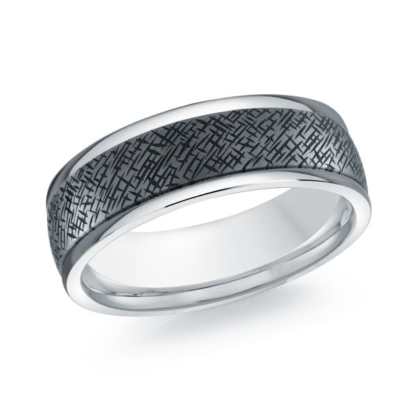 Wedding bands with brushed silver finish and textured black inlay on a white background.