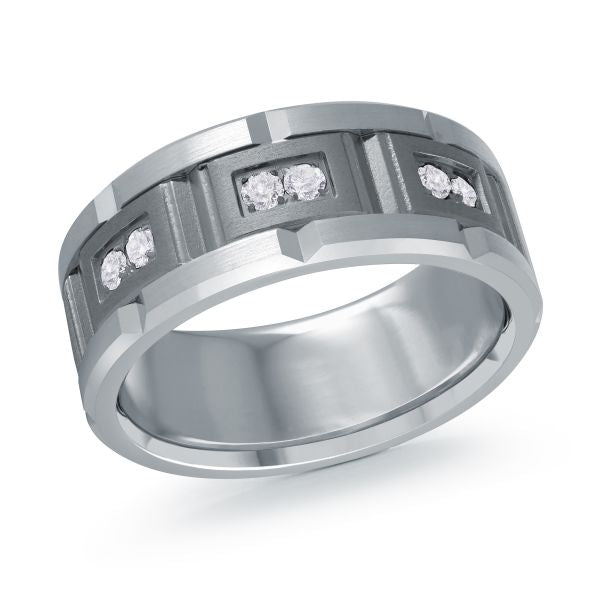 Tungsten wedding band with diamond accents and grooved design on a white background