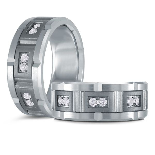 Tungsten wedding band with diamond accents and grooved design on a white background