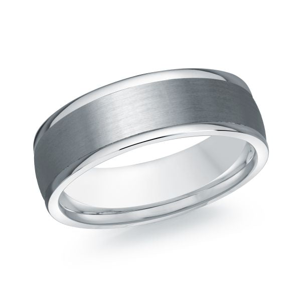 Two tungsten wedding bands with white gold inlay on a white background