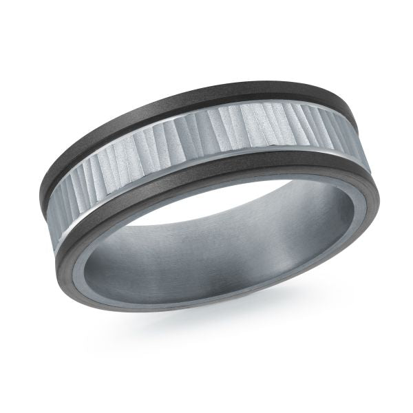 Black ceramic wedding band with a grooved, silver inlay on a white background.