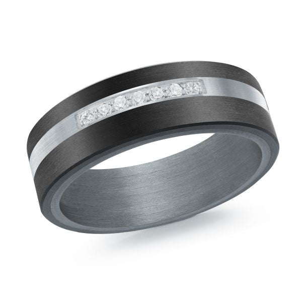 Black ceramic wedding band with a silver inlay and diamond accent and diamonds on a white background.