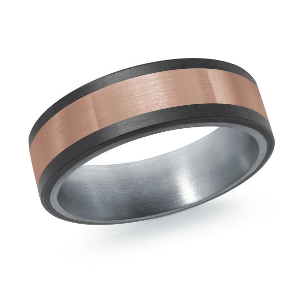 Black ceramic wedding band with a rose gold inlay on a white background