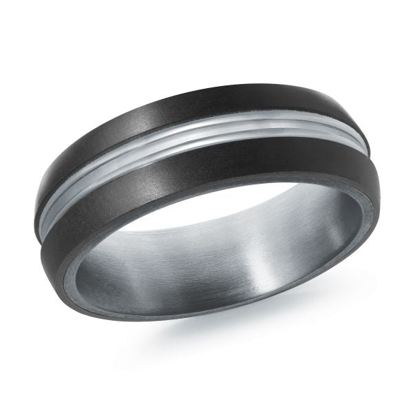 Black ceramic wedding band with a white gold inlay on a white background