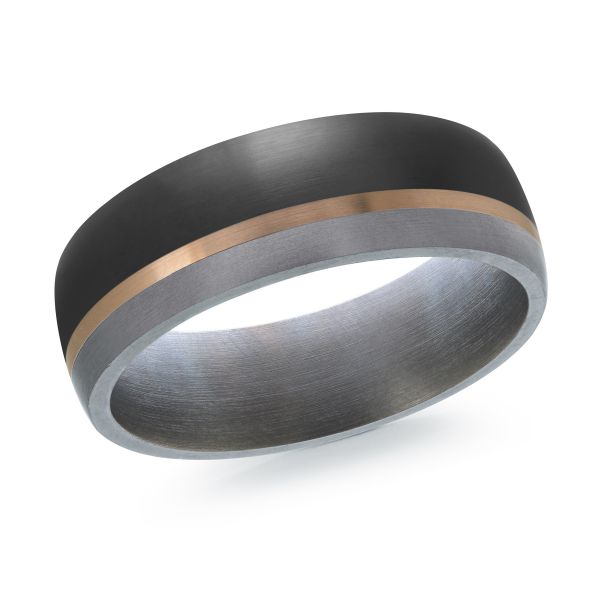 Black ceramic wedding band with a white gold inlay on a white background