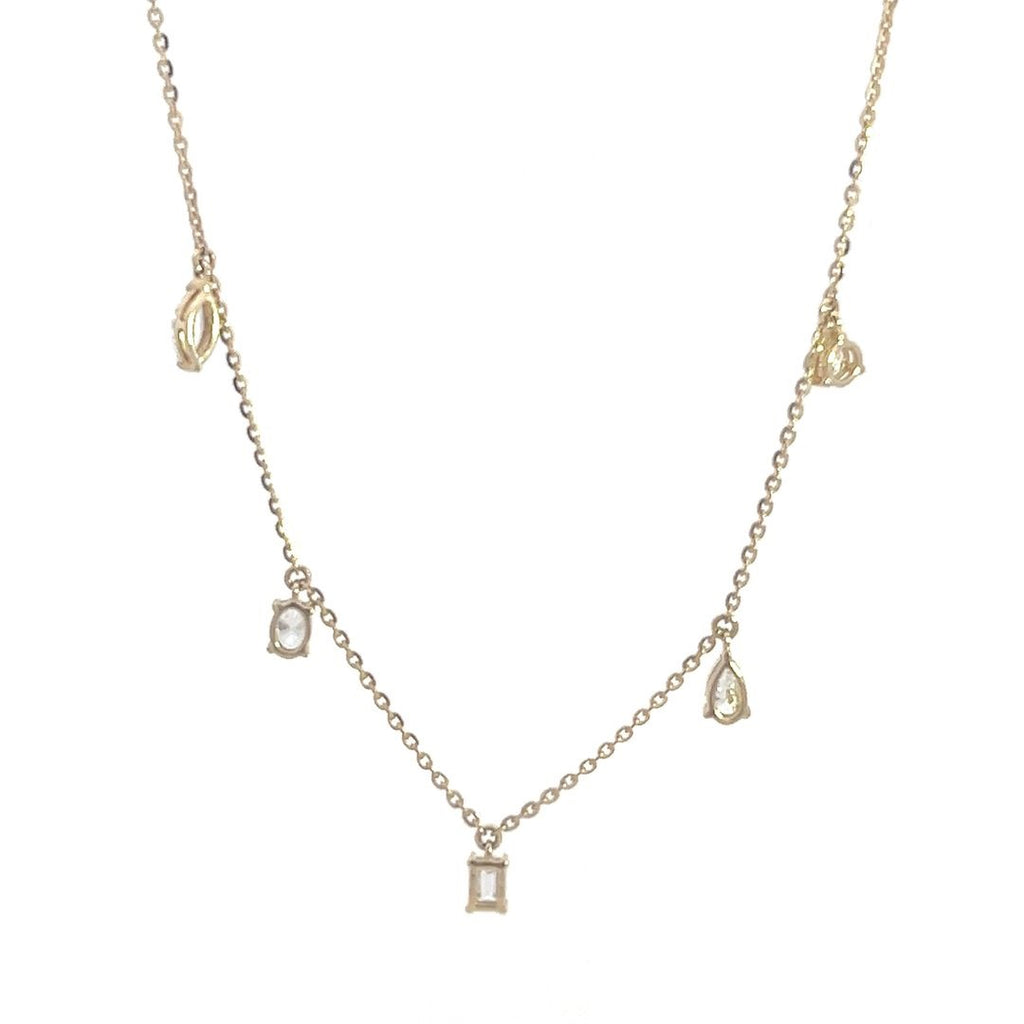 Yellow gold necklace with multiple diamond pendants, including round, pear, and emerald cuts, on a white background.