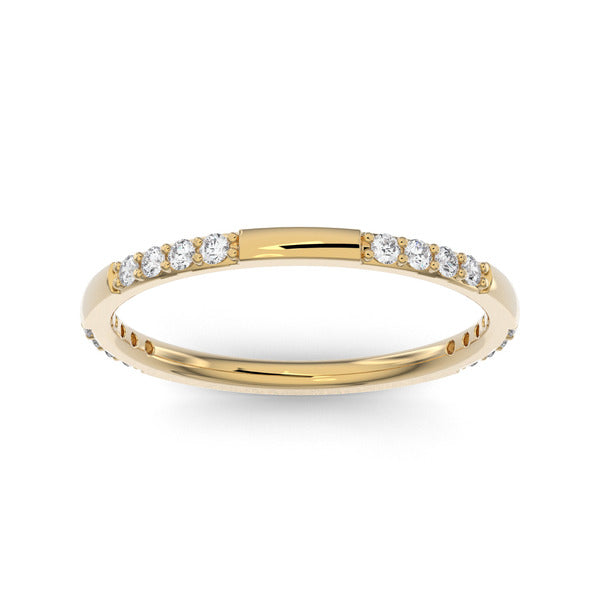 Yellow gold band ring with rows of diamonds on a white background.