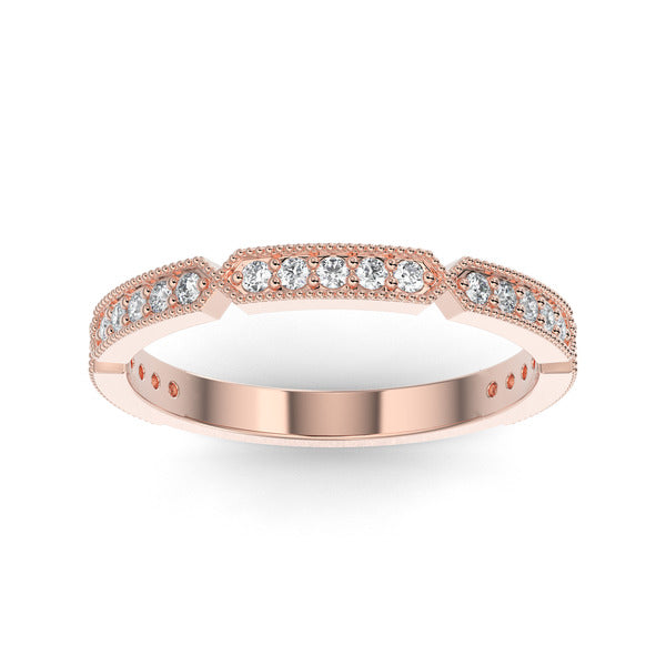 Rose gold wedding band with diamond accent on a white background.