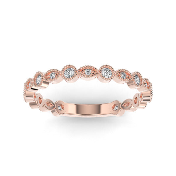 Rose gold wedding band with diamond accent on a white background.