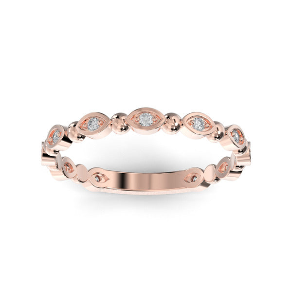 Rose gold wedding band with diamond accent on a white background.