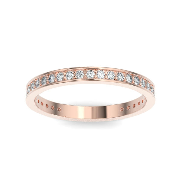 Rose gold wedding band with diamond accent on a white background.