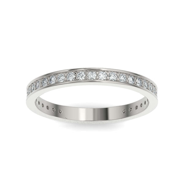 Silver wedding band with diamond accent on a white background.