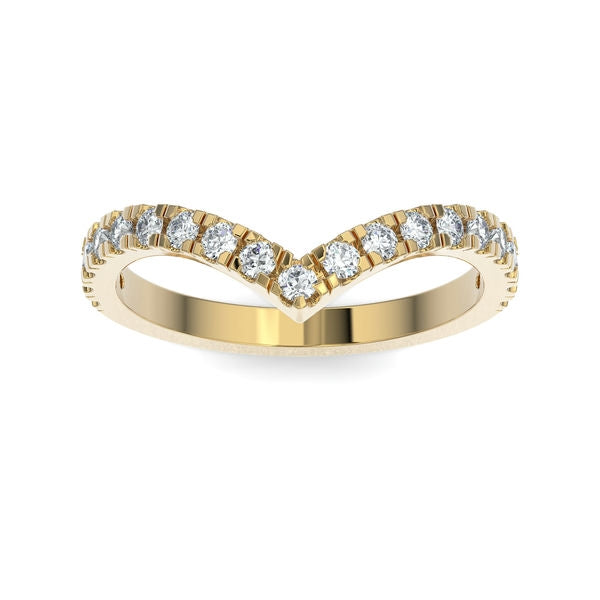 Gold wedding band with diamond accent on a white background.