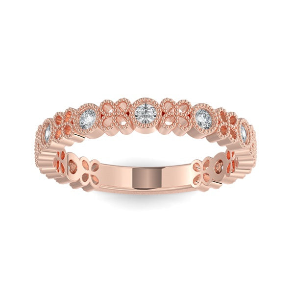 Rose gold  wedding band with diamond accent on a white background.