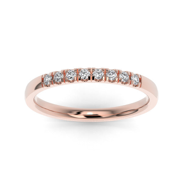 Rose gold wedding band with diamond accent on a white background.