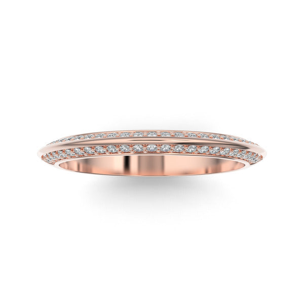 Rose gold wedding band with diamond accent on a white background.