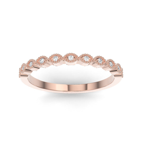 Rose gold wedding band with diamond accent on a white background.