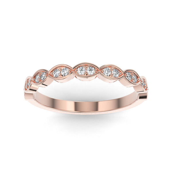 Rose gold wedding band with diamond accent on a white background.